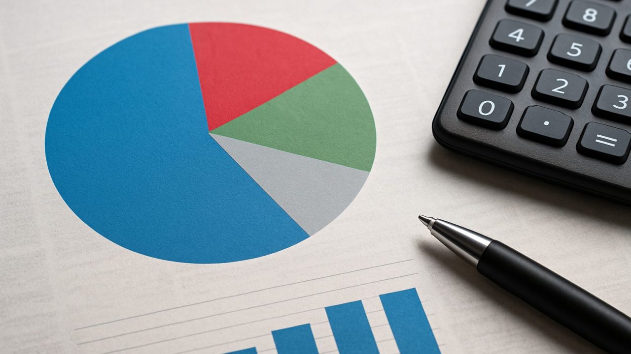 A pie chart and bar graph on a white sheet of paper next to a calculator and pen.