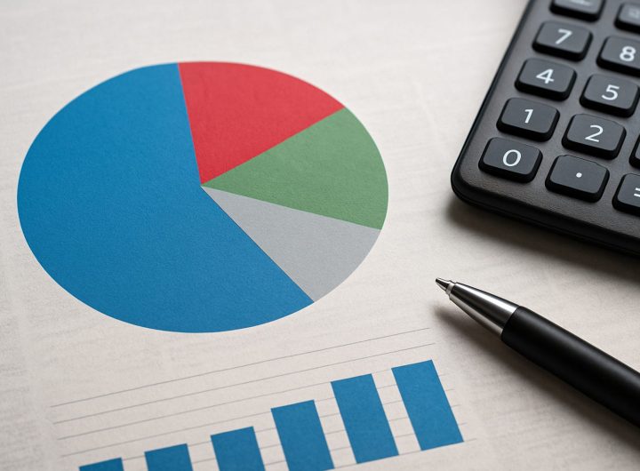 A pie chart and bar graph on a white sheet of paper next to a calculator and pen.