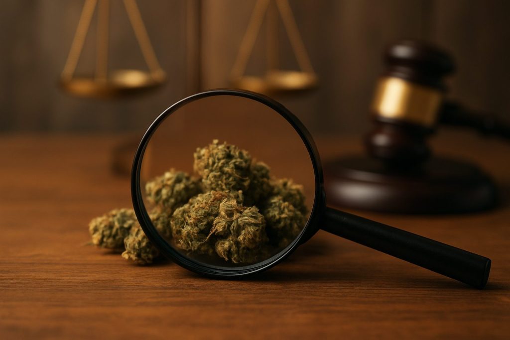 Magnifying glass focusing on cannabis buds with a gavel and scales of justice in the background, symbolizing legal stand