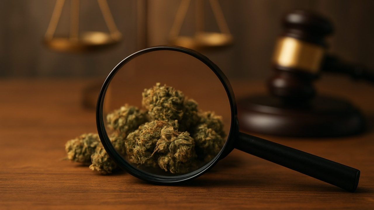 Magnifying glass focusing on cannabis buds with a gavel and scales of justice in the background, symbolizing legal stand
