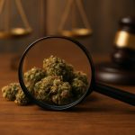 Magnifying glass focusing on cannabis buds with a gavel and scales of justice in the background, symbolizing legal stand