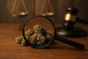 Magnifying glass focusing on cannabis buds with a gavel and scales of justice in the background, symbolizing legal stand