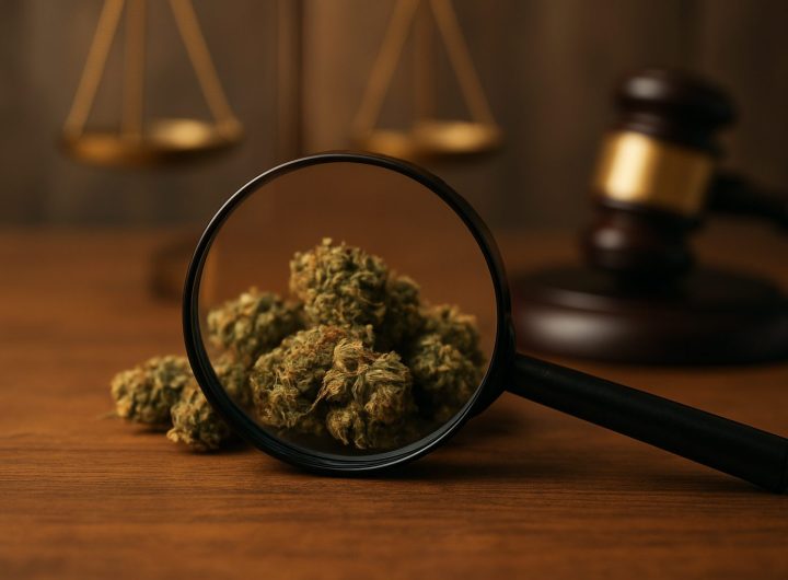 Magnifying glass focusing on cannabis buds with a gavel and scales of justice in the background, symbolizing legal stand
