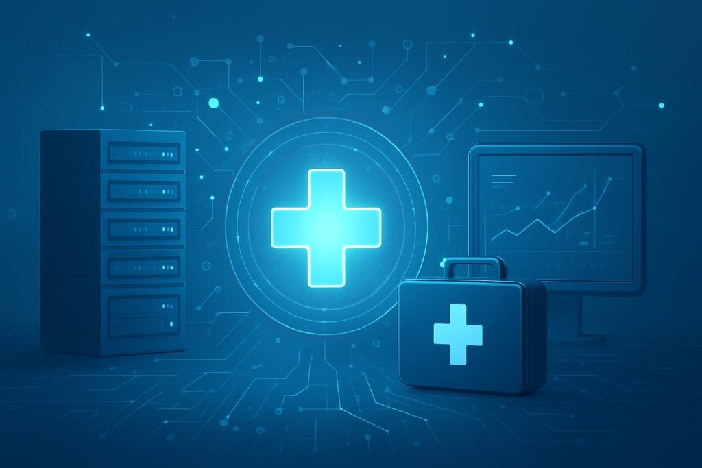 A digital art representation featuring a medical cross symbol, a computer monitor displaying statistical graphs, and a m
