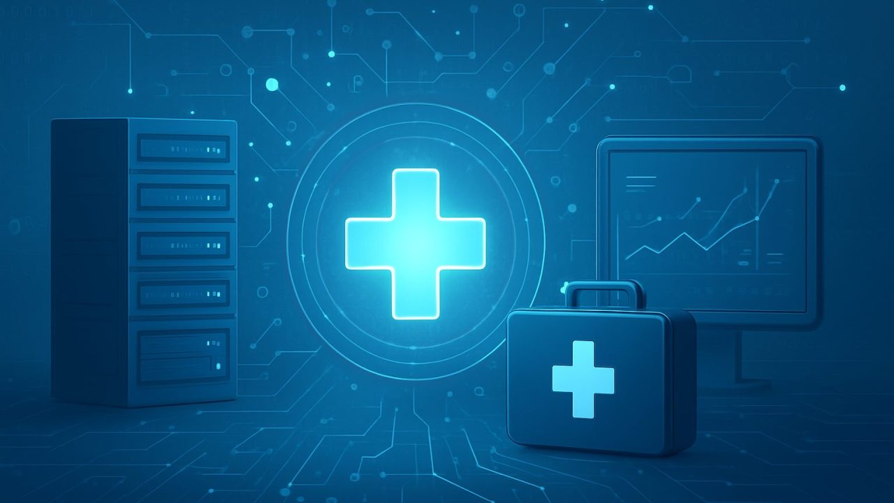 A digital art representation featuring a medical cross symbol, a computer monitor displaying statistical graphs, and a m