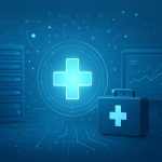 A digital art representation featuring a medical cross symbol, a computer monitor displaying statistical graphs, and a m