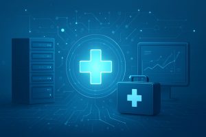 A digital art representation featuring a medical cross symbol, a computer monitor displaying statistical graphs, and a m