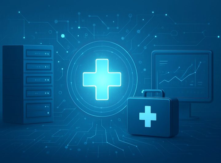 A digital art representation featuring a medical cross symbol, a computer monitor displaying statistical graphs, and a m