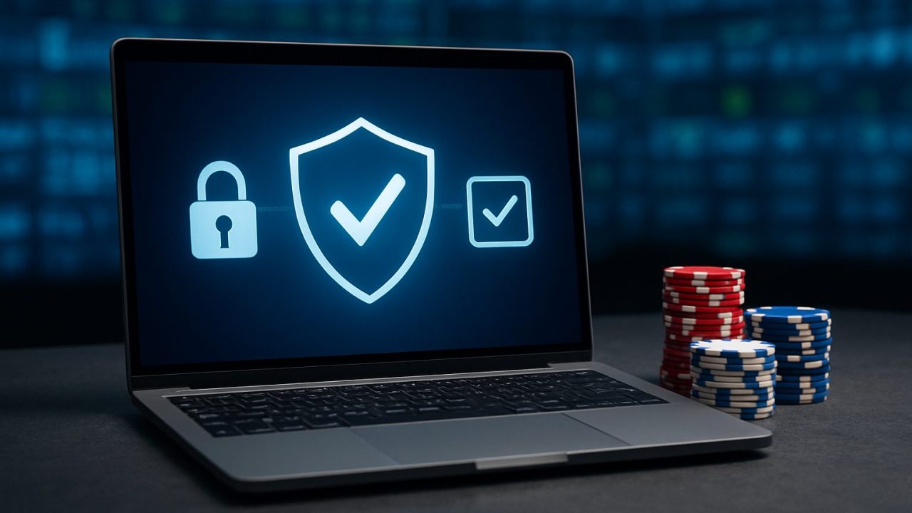A laptop displaying security symbols with gambling chips beside it.