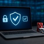 A laptop displaying security symbols with gambling chips beside it.