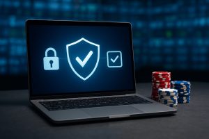 A laptop displaying security symbols with gambling chips beside it.