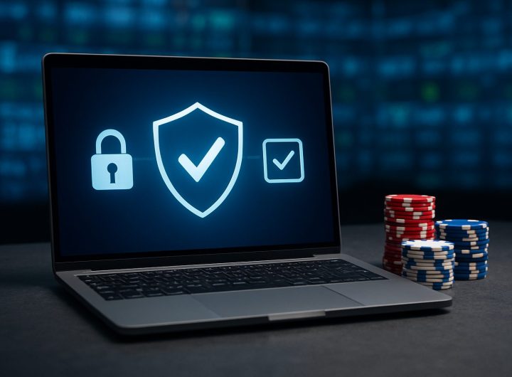 A laptop displaying security symbols with gambling chips beside it.